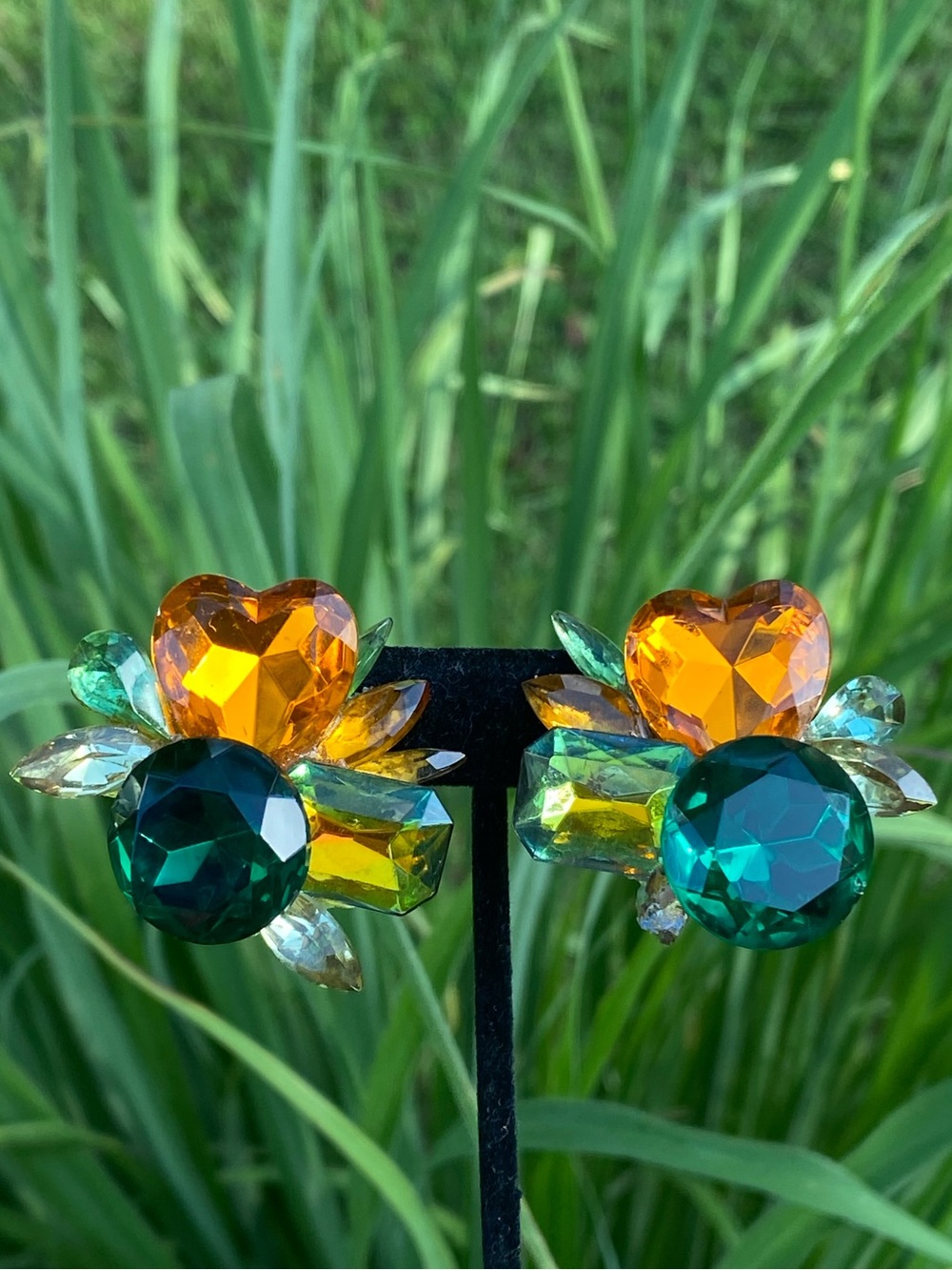 Vintage Multicolor Rhinestone Heart Clip-On Statement Earrings